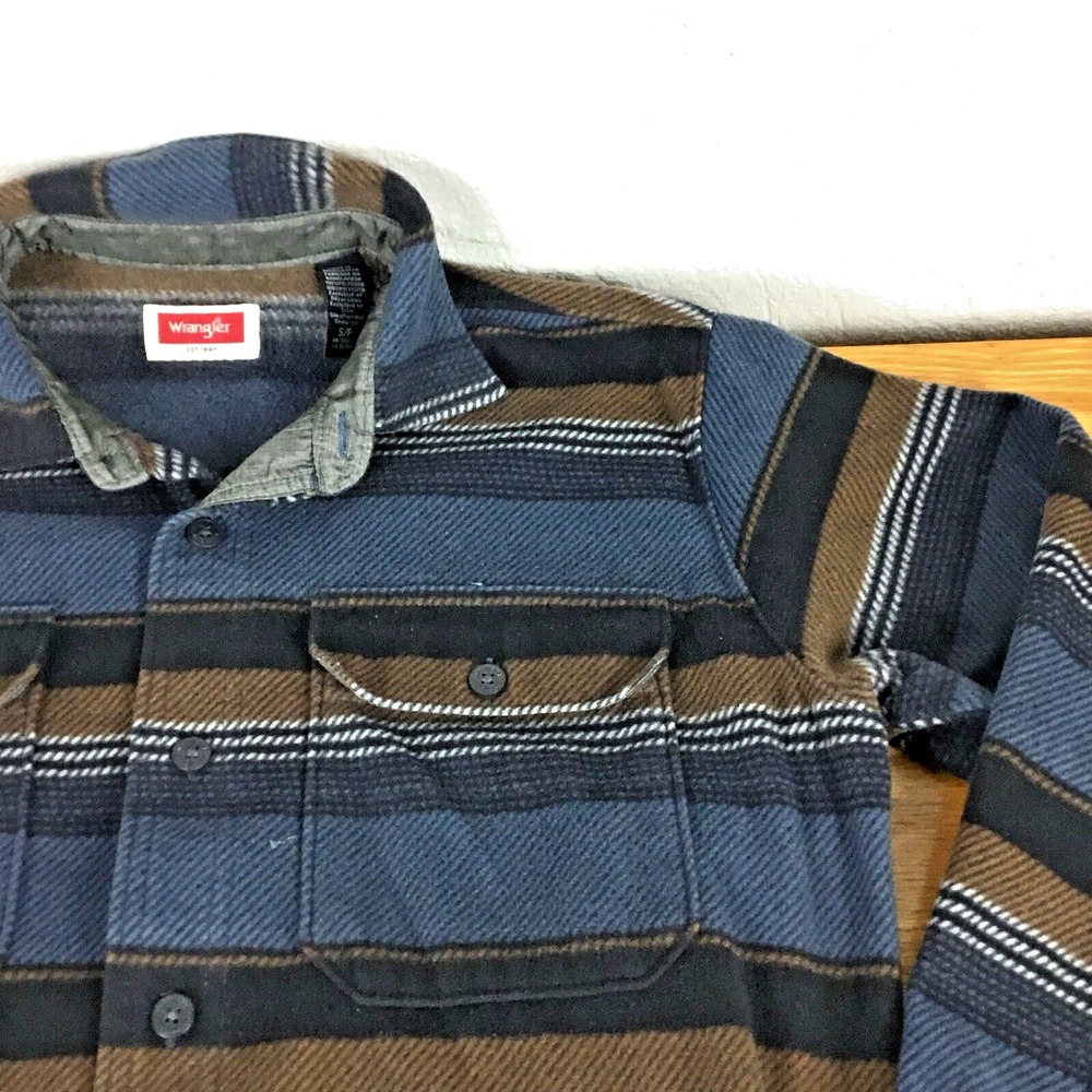 Wrangler Mens Blue Brown Striped Fleece Shirt Jacket Shacket Size Small S/P